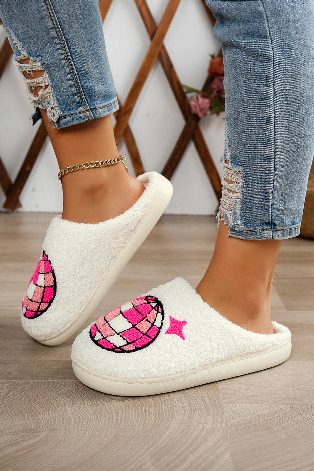 White Disco Ball Home Plush Slippers