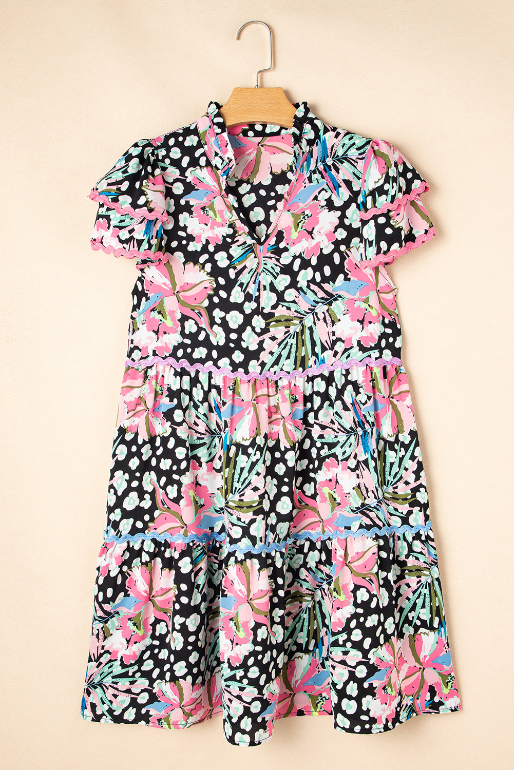 Pink Leopard Floral Print Wavy Embellished Mini Dress