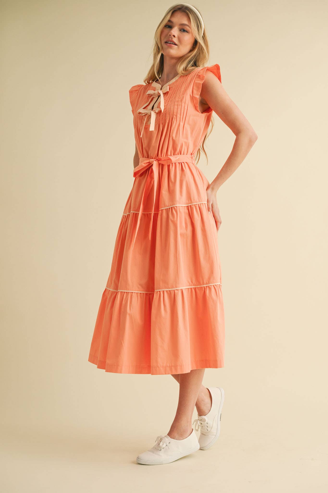 PIN TUCK AND BOW DETAIL TIERED MIDI DRESS