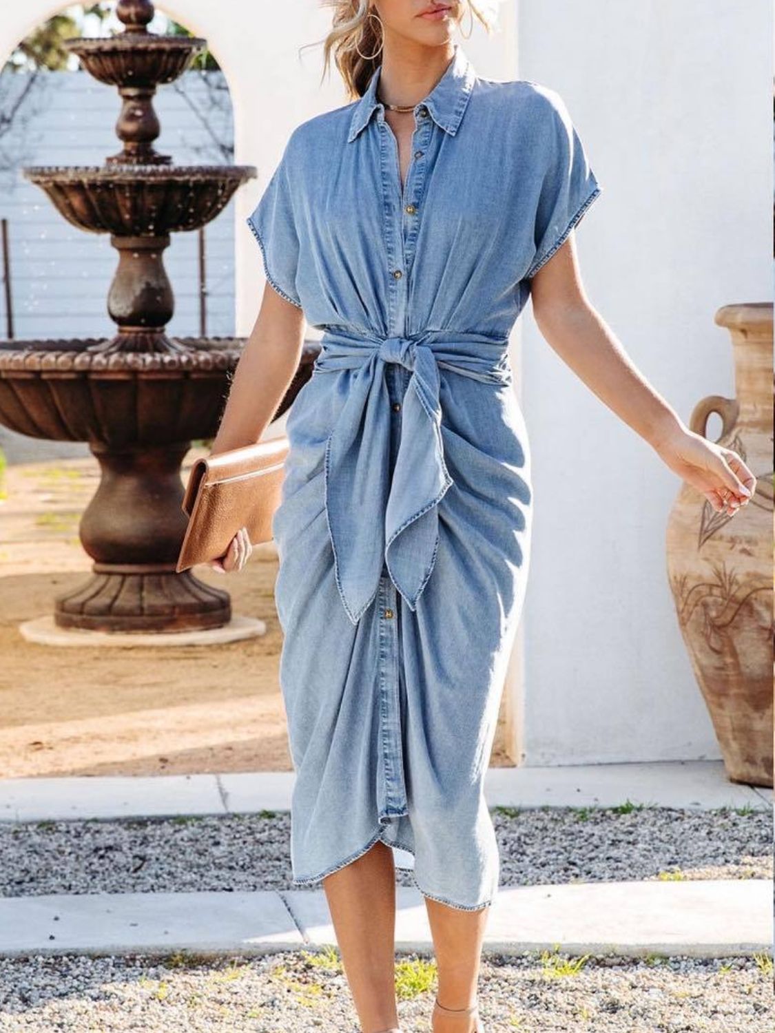 denim dress tie waist Denim Tie Waist Shift Dress