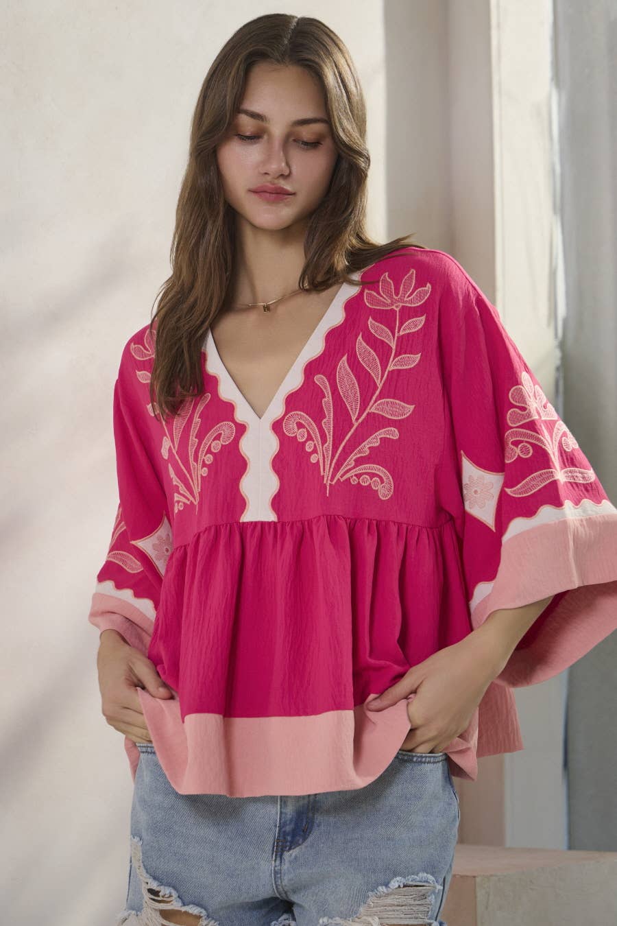 Plus Embroidered Plunge V Neck Top