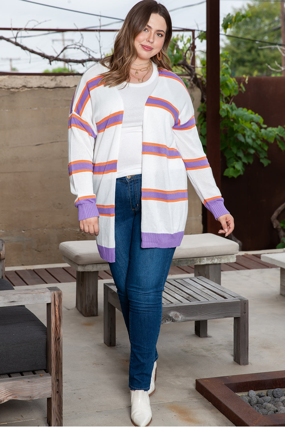Beige Striped Long Sleeve Ribbed Trim Button Cardigan