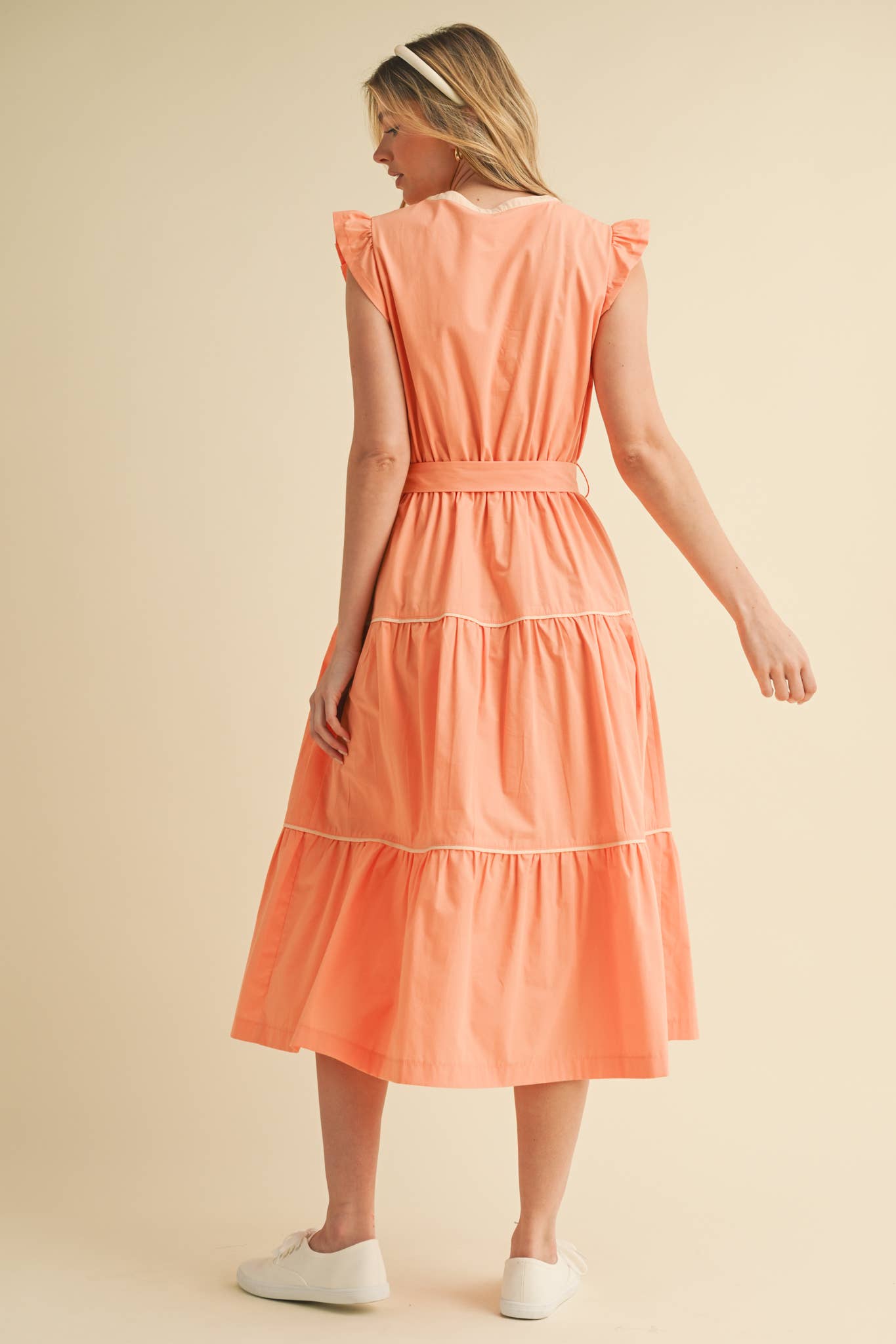 PIN TUCK AND BOW DETAIL TIERED MIDI DRESS