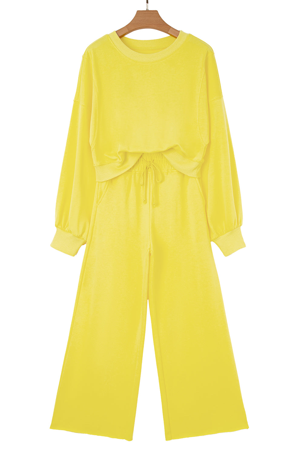 Mist Blue Drop Shoulder Crop Pullover Drawstring Wide Leg Pants Set