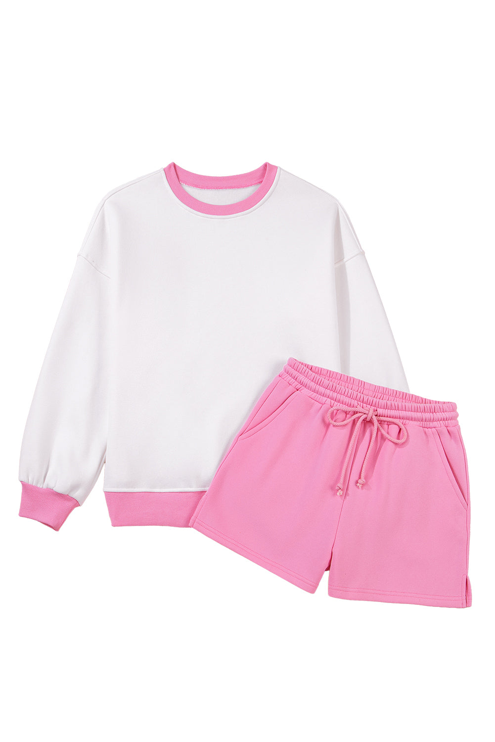 Strawberry Pink Colorblock Pullover and Drawstring Shorts Set