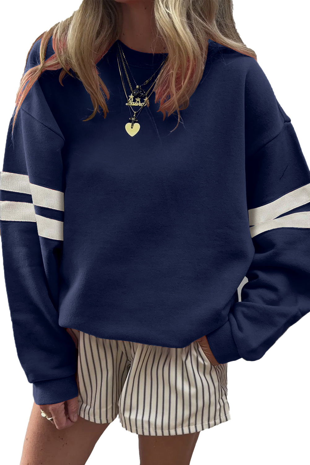 Fiery Red Preppy Striped Sleeve Loose Sweatshirt