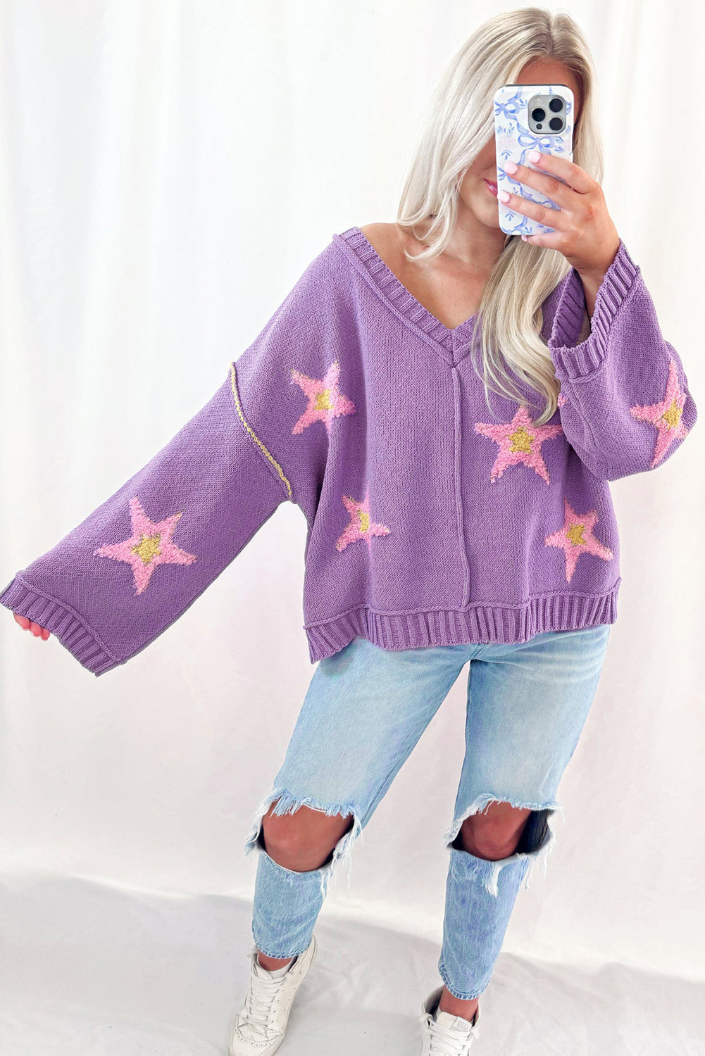 Lavender Brushed Star Graphic V Neck Drop Shoulder Oversize Sweater