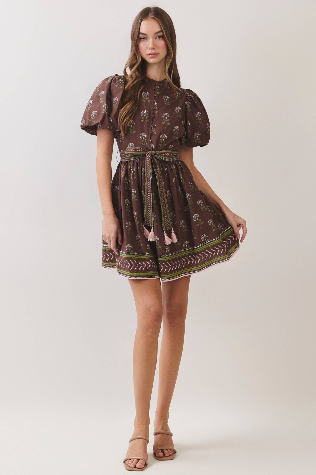 CD07464-Border Print Belted Mini Dress