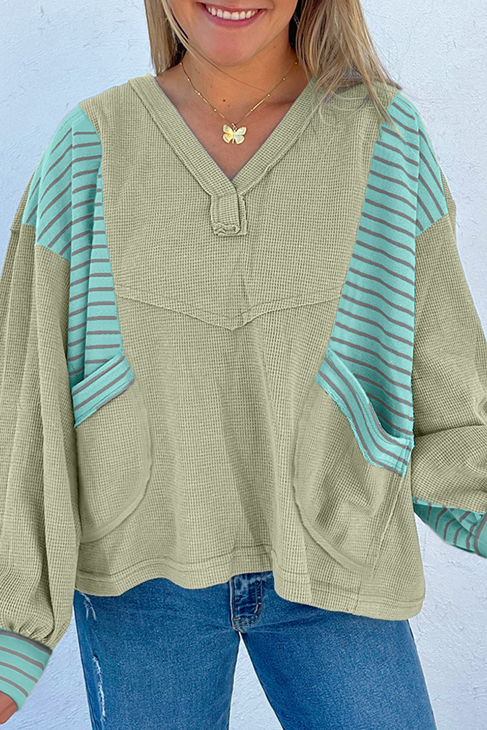 Dusk Blue Exposed Seam Waffle Striped Patchwork Baggy Pullover