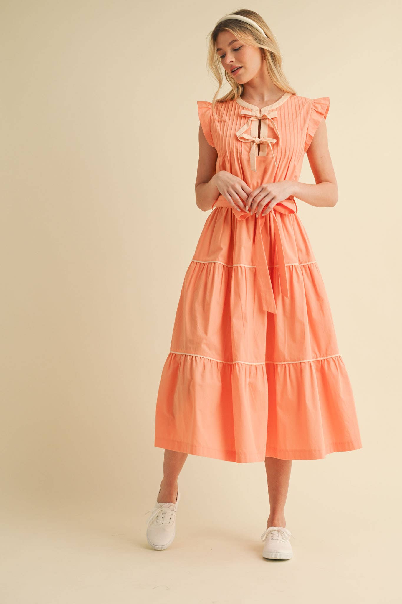 PIN TUCK AND BOW DETAIL TIERED MIDI DRESS