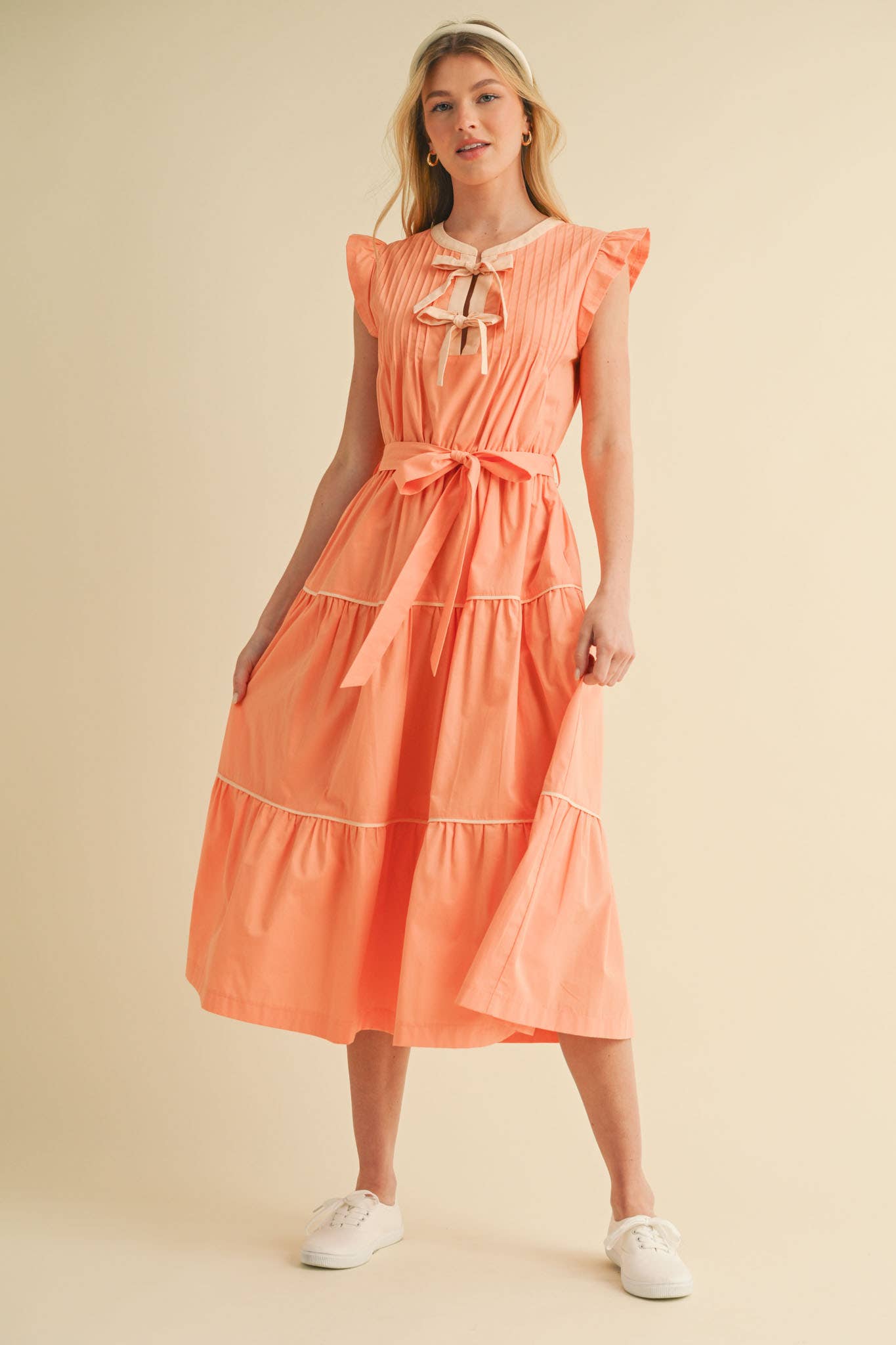 PIN TUCK AND BOW DETAIL TIERED MIDI DRESS