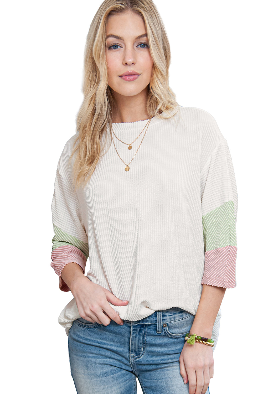 White Pit-striped Colorblock Drop Sleeve Top