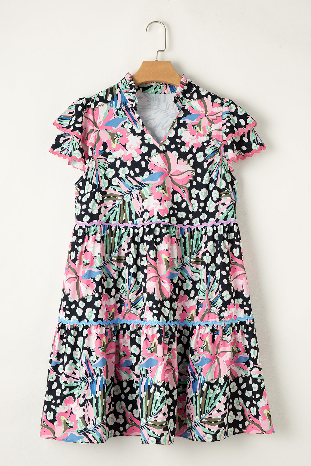 Pink Leopard Floral Print Wavy Embellished Mini Dress