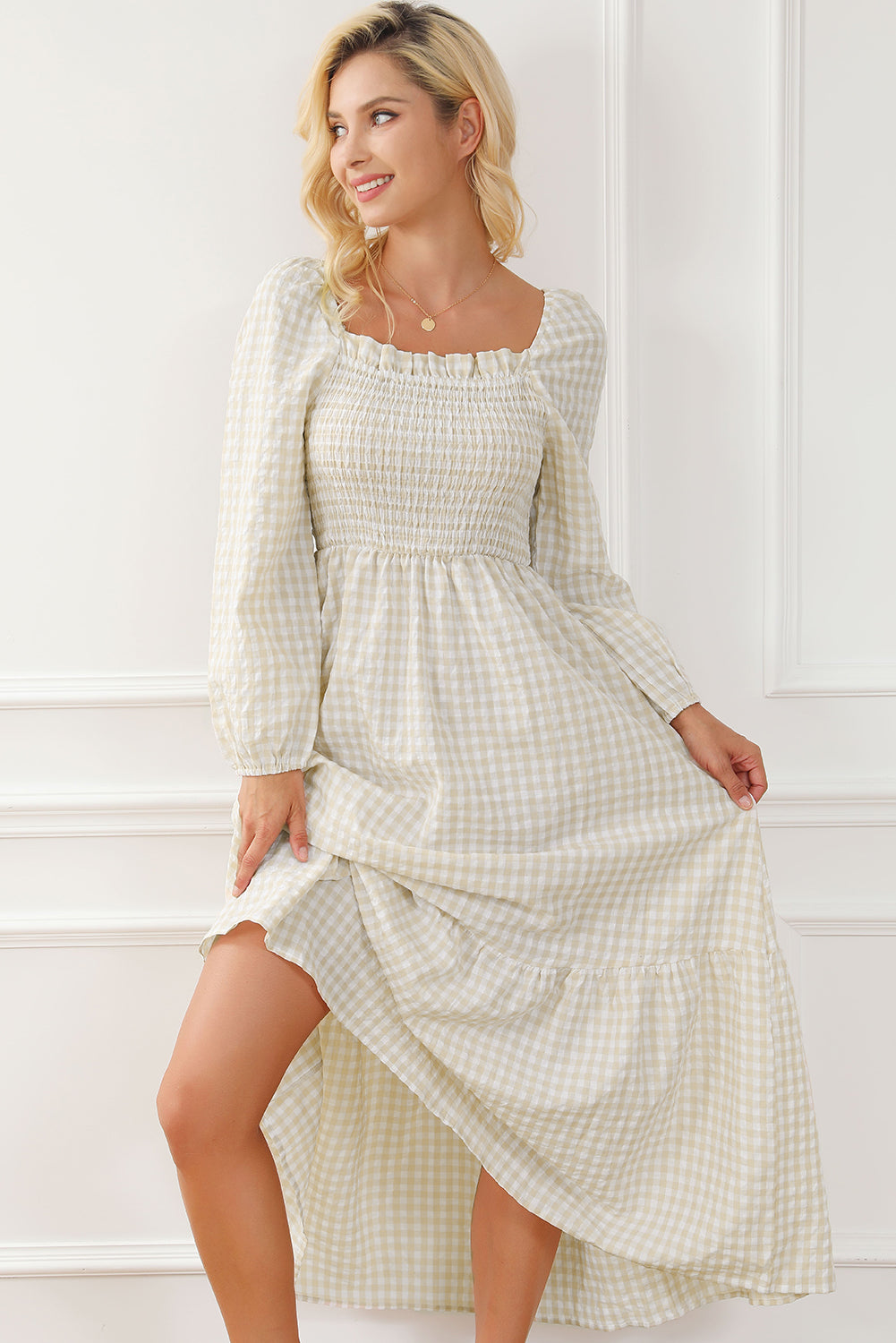 Khaki Plaid Ruffled Sleeve Smocked Maxi Dress