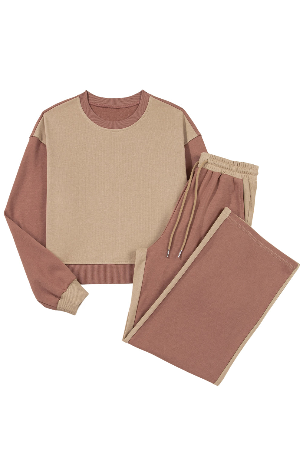 Khaki Color Block Long Sleeve Crop Top Drawstring Pant Set