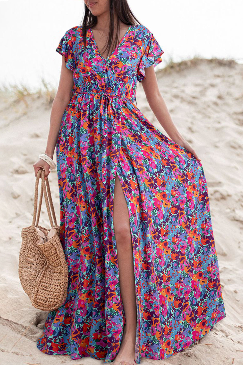 v neck blue boho dress Boho Eyelet Lace Midi Dress