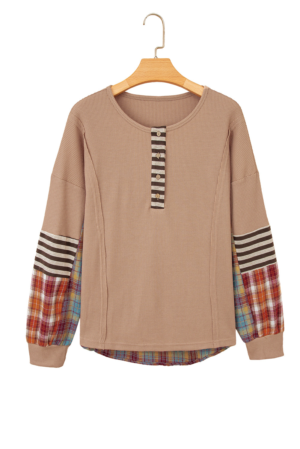 Beige Waffle Stripe Plaid Patchwork Henley Top