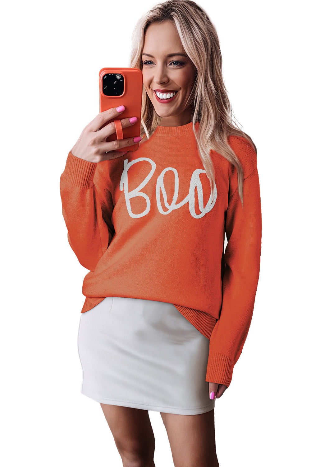 Orange Halloween Boo Drop Shoulder Knit Sweater
