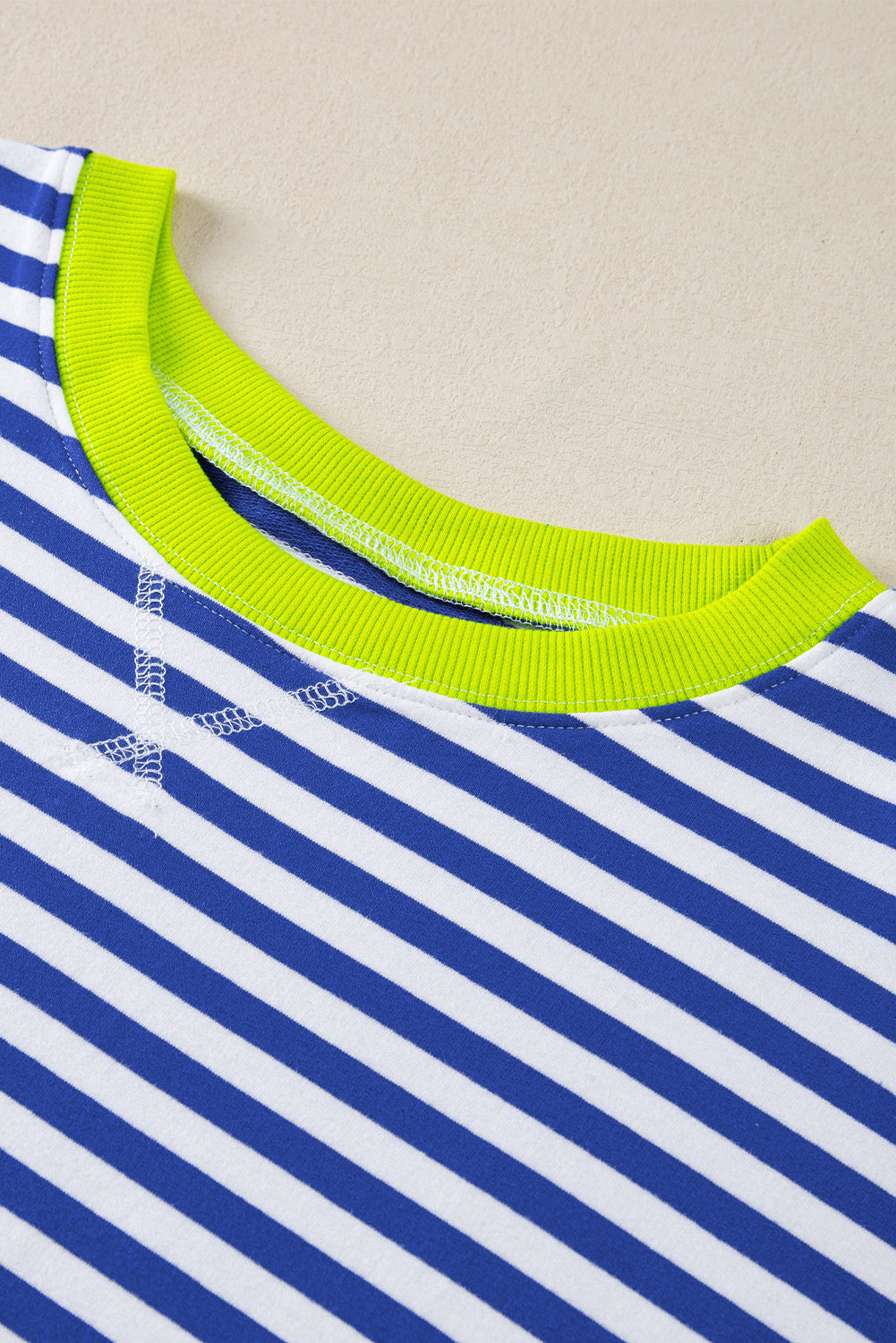 Blue Striped Contrast Trim Drop Shoulder Sweatshirt