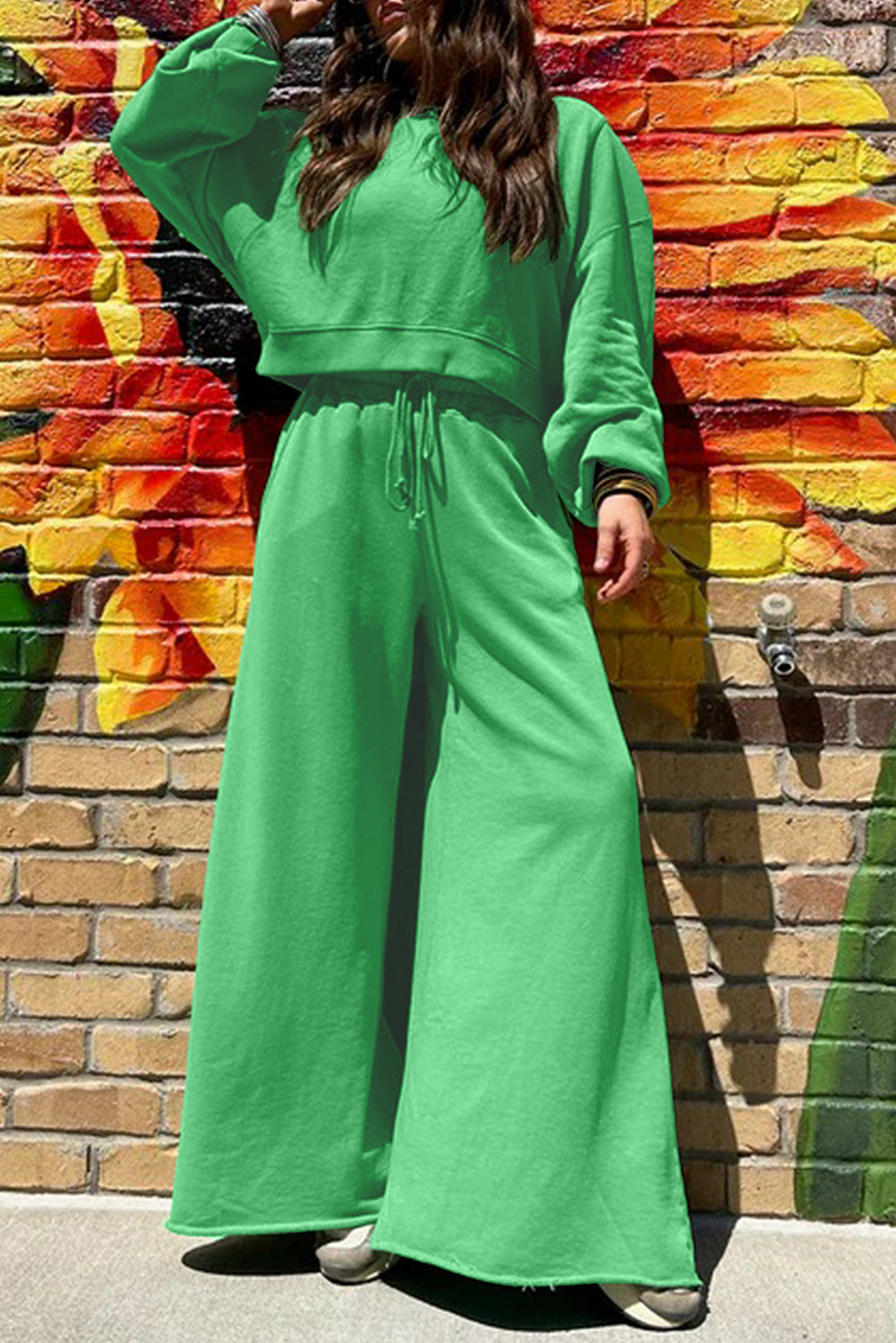 Mist Blue Drop Shoulder Crop Pullover Drawstring Wide Leg Pants Set