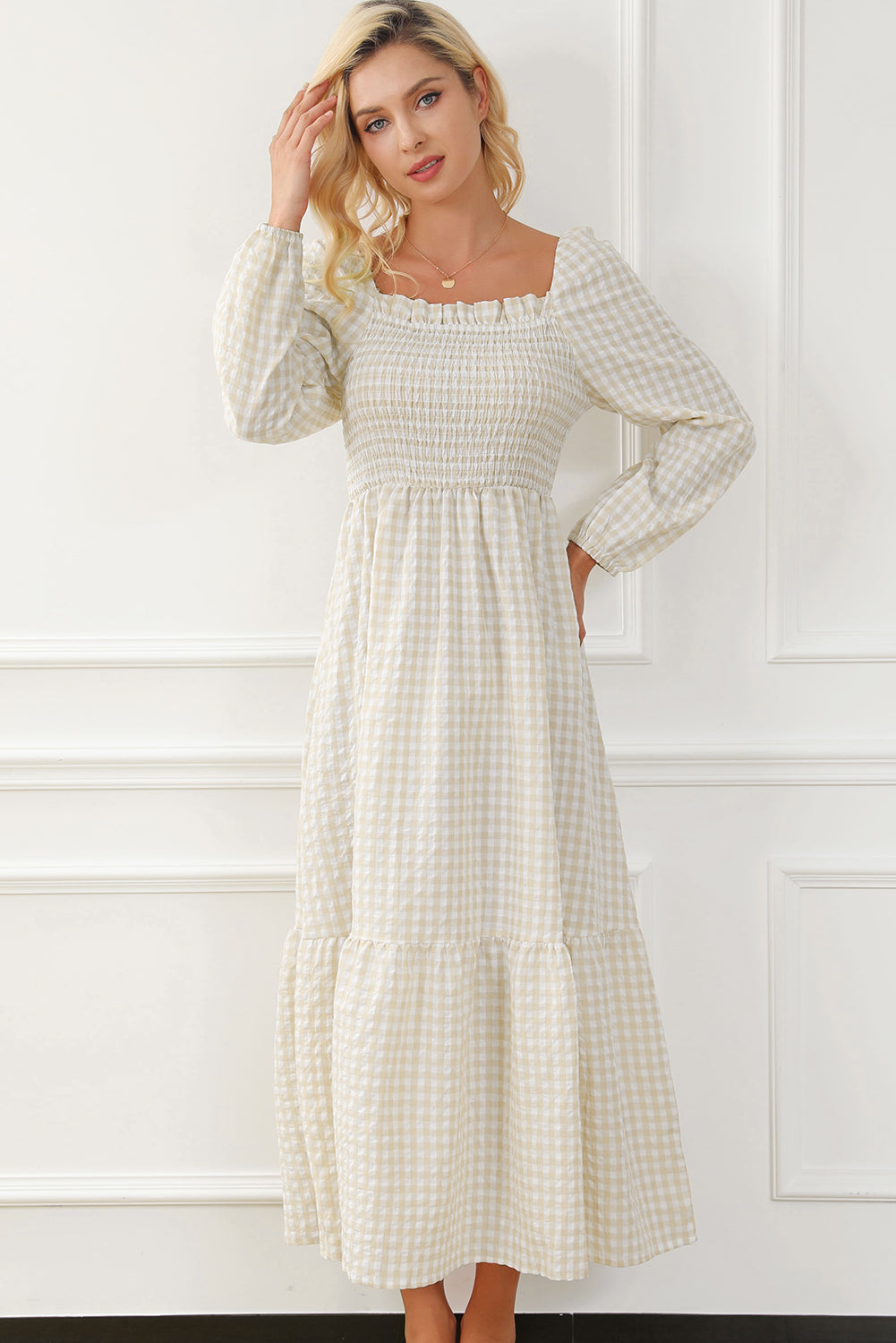Khaki Plaid Ruffled Sleeve Smocked Maxi Dress