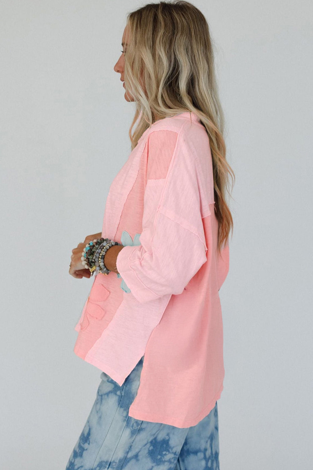 Green Flower Patched Exposed Seam 3/4 Sleeve top