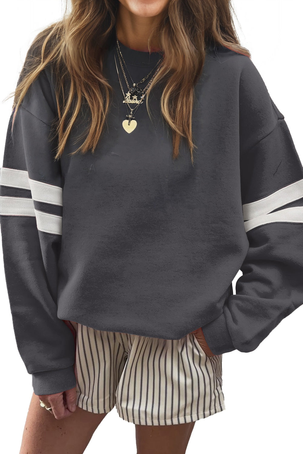 Light French Beige Preppy Striped Sleeve Loose Sweatshirt