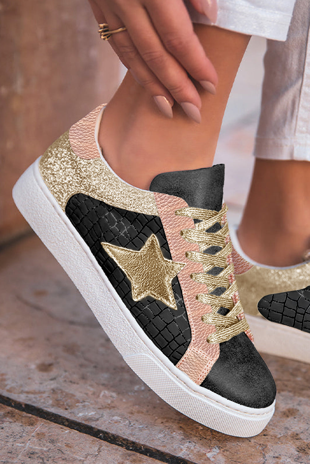 Black Glitter Star Patchwork PU Leather Lace-up Sneakers