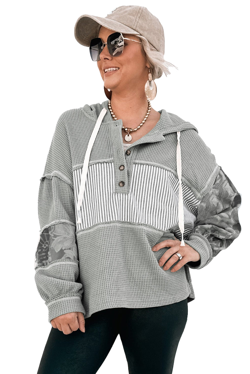 Gray Waffle Patchwork Drawstring Hooded Long Sleeve Top