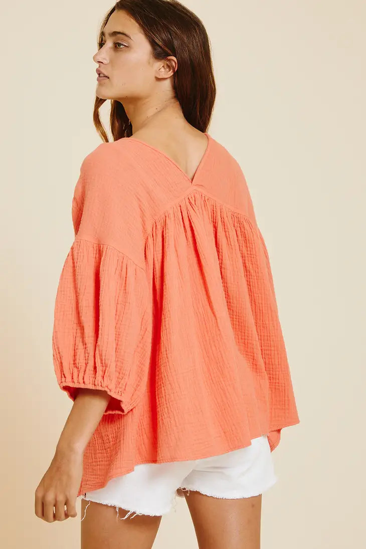 Solid V-neck Babydoll Top