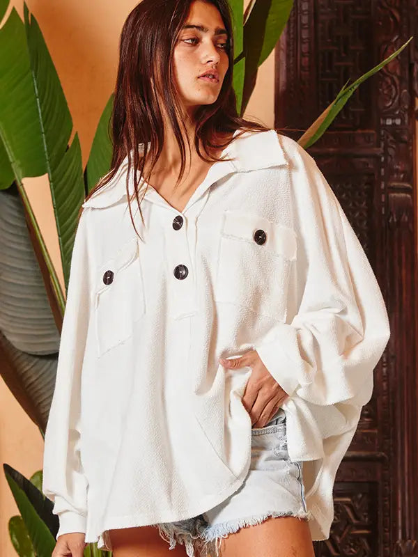 French Terry Knit Collared Loose Fit Top
