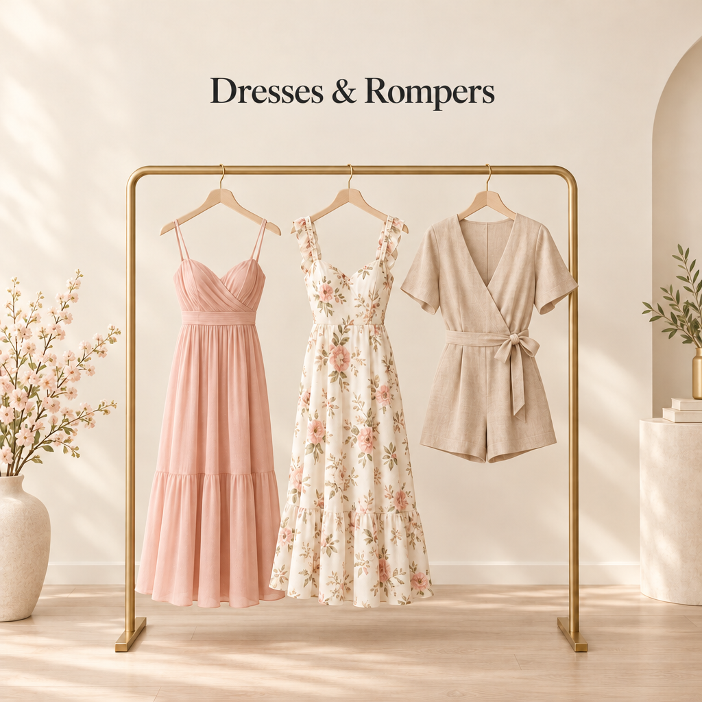 Illustrative dresses and romper on a boutique clothing rail