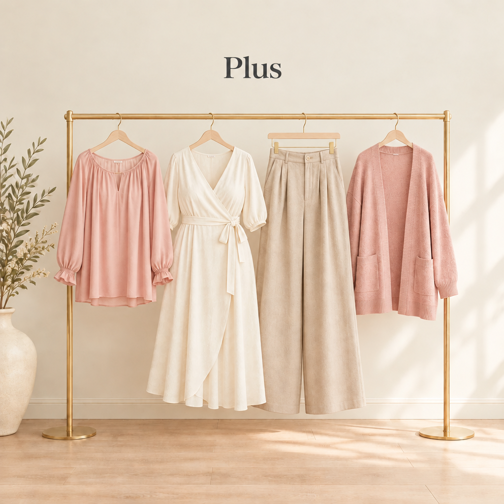 Illustrative plus-size fashion on a gold boutique rail with Plus heading