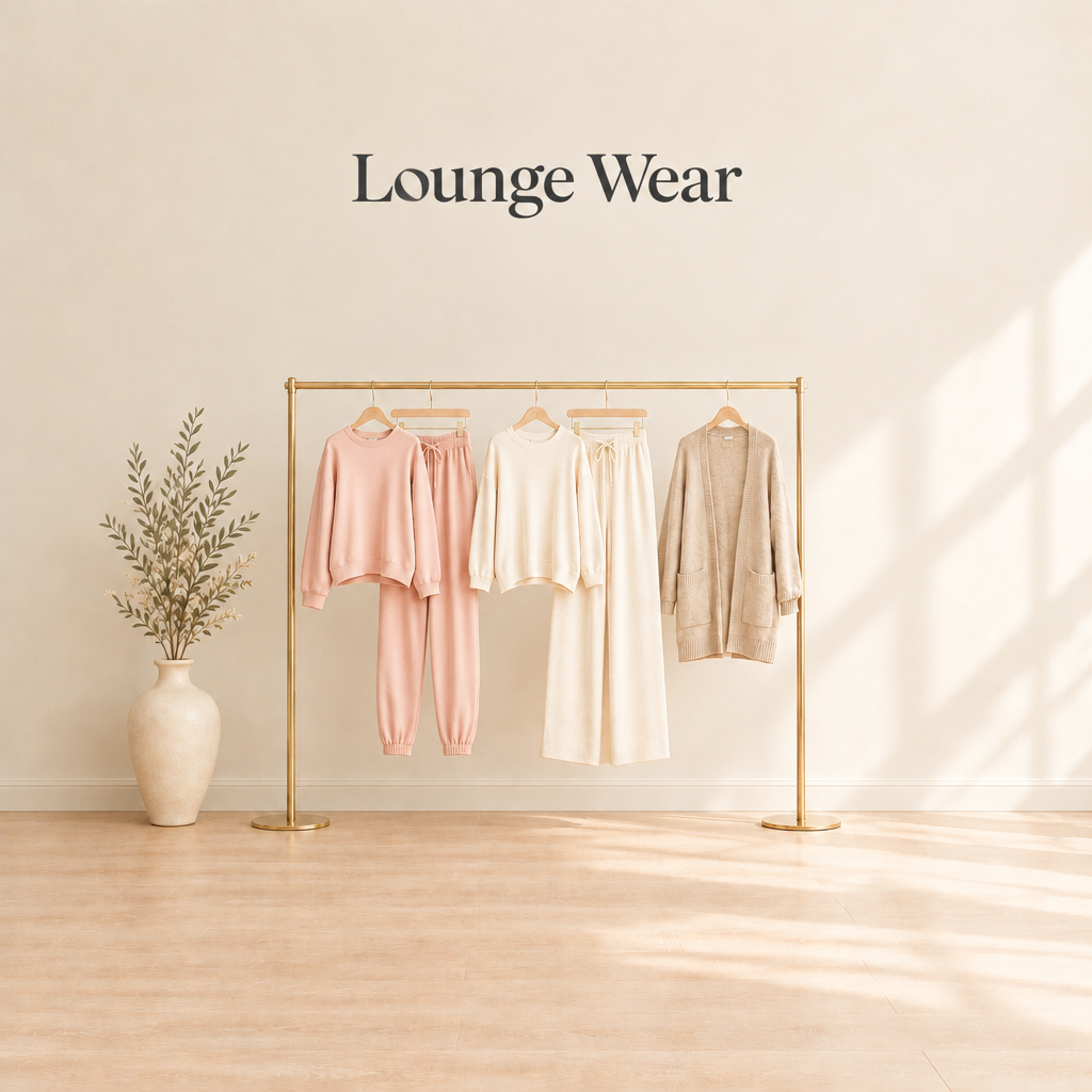 Illustrative lounge sets on a gold boutique rail with a smaller Lounge Wear heading