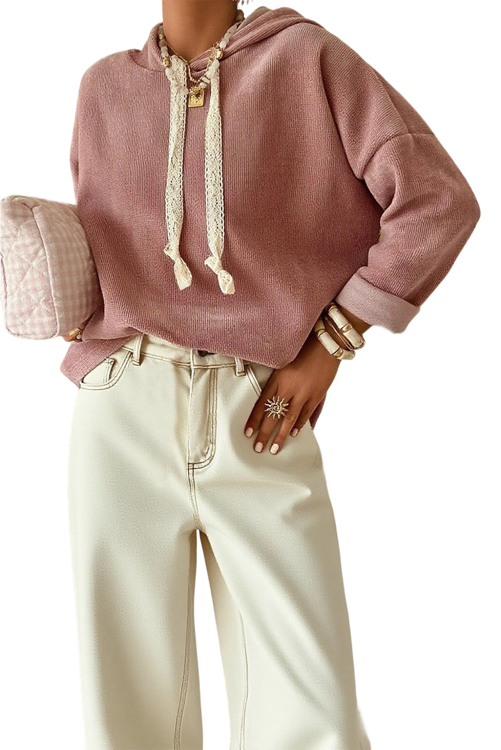 Parchment Thermal Textured Leopard Drawstring Baggy Hoodie