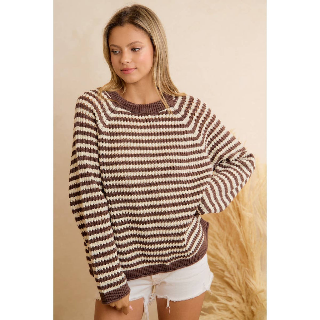 CLASSIC BROWN STRIPED RELAXED FIT KNIT PULLOVER SWEATER