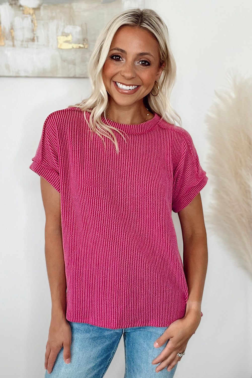 Rose Red Textured Knit Round Neck T Shirt