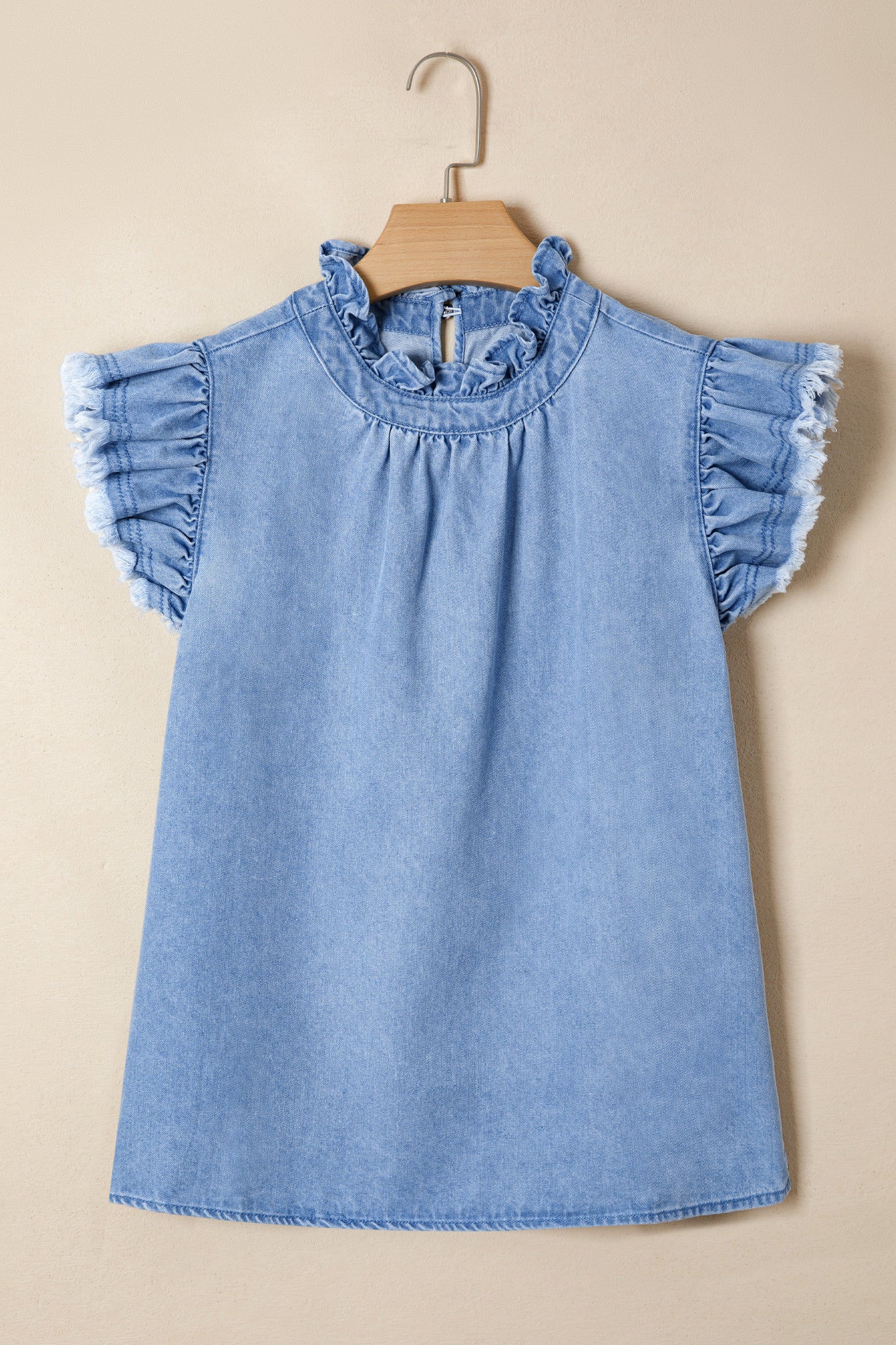 Blue Frilled Collar Flutter Sleeve Denim Top