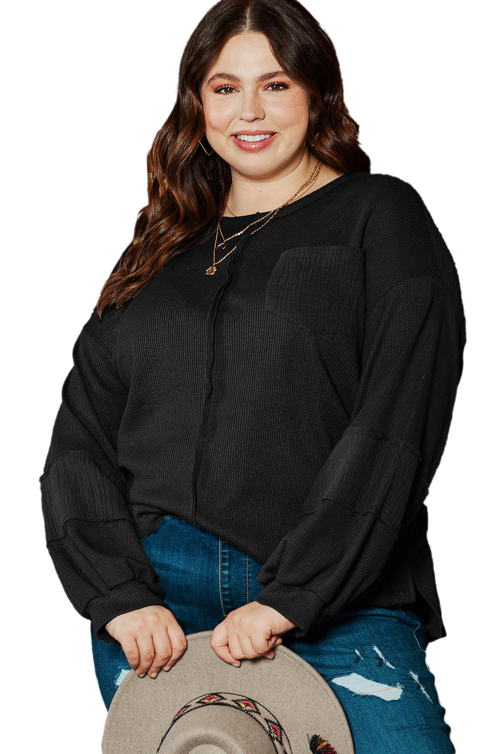 Pink Plus Size Exposed Seam Crinkle Patchwork Top