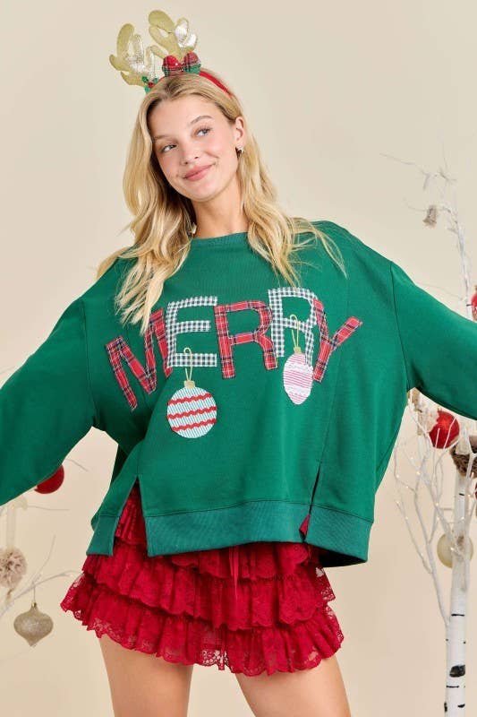 Merry With Ornament Patchwork Oversized Long Sleeve Top