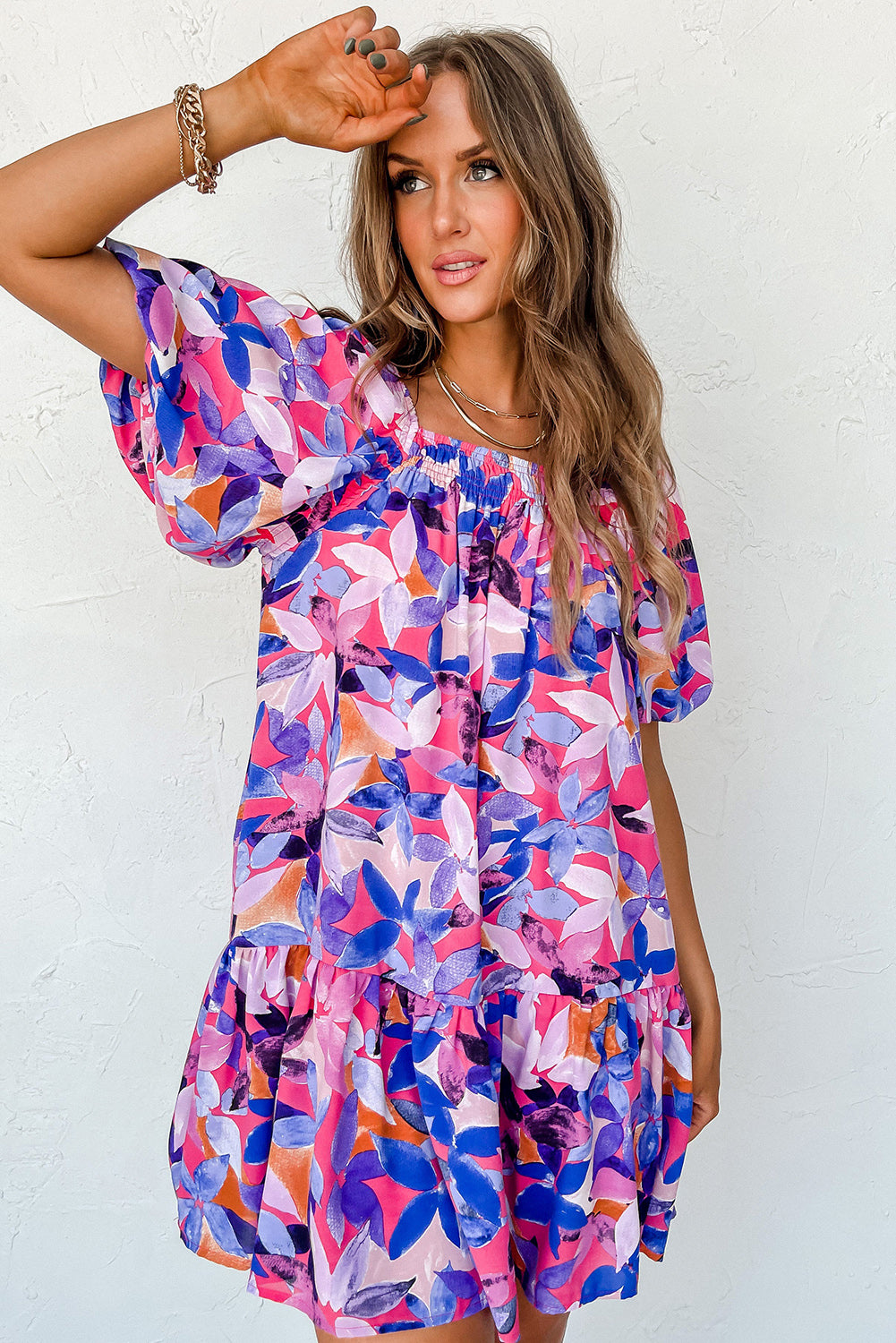 Purple Flower Print Short Puff Sleeve Ruffle Mini Dress