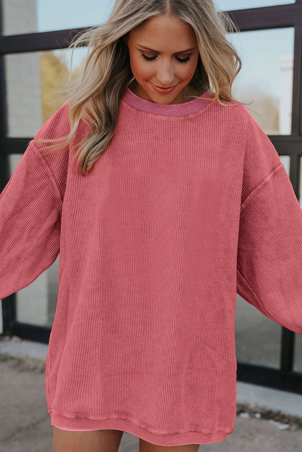 Light Grey Ribbed Corded Oversized Sweatshirt