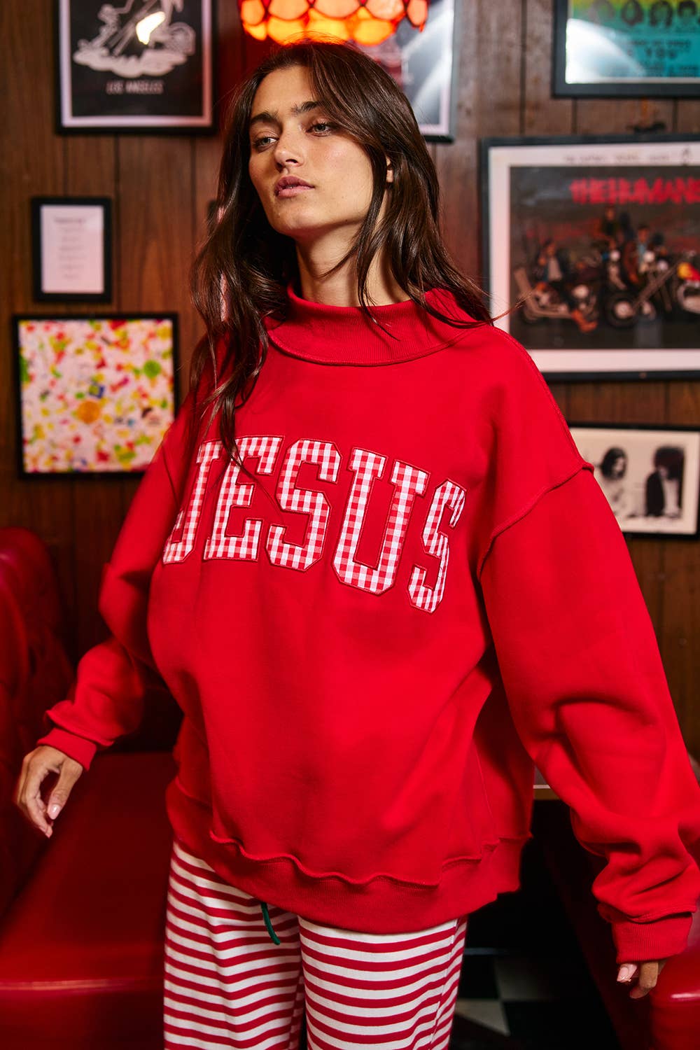 IT2594E-JESUSWT | Gingham Applique Mock-Neck Sweatshirt