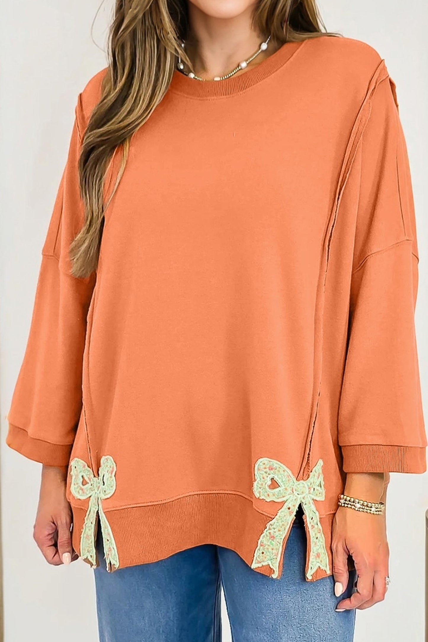 Pink Floral Bow Patched Exposed Seam Patchwork Slit Baggy Sweatshirt