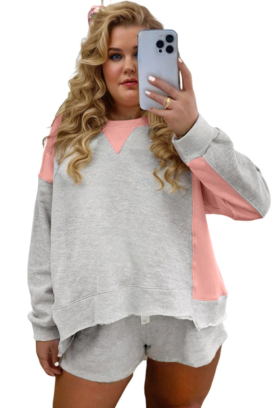 Light Grey Uneven Hem Colorblock Patchwork Pullover Shorts Plus Size 2pcs Outfit