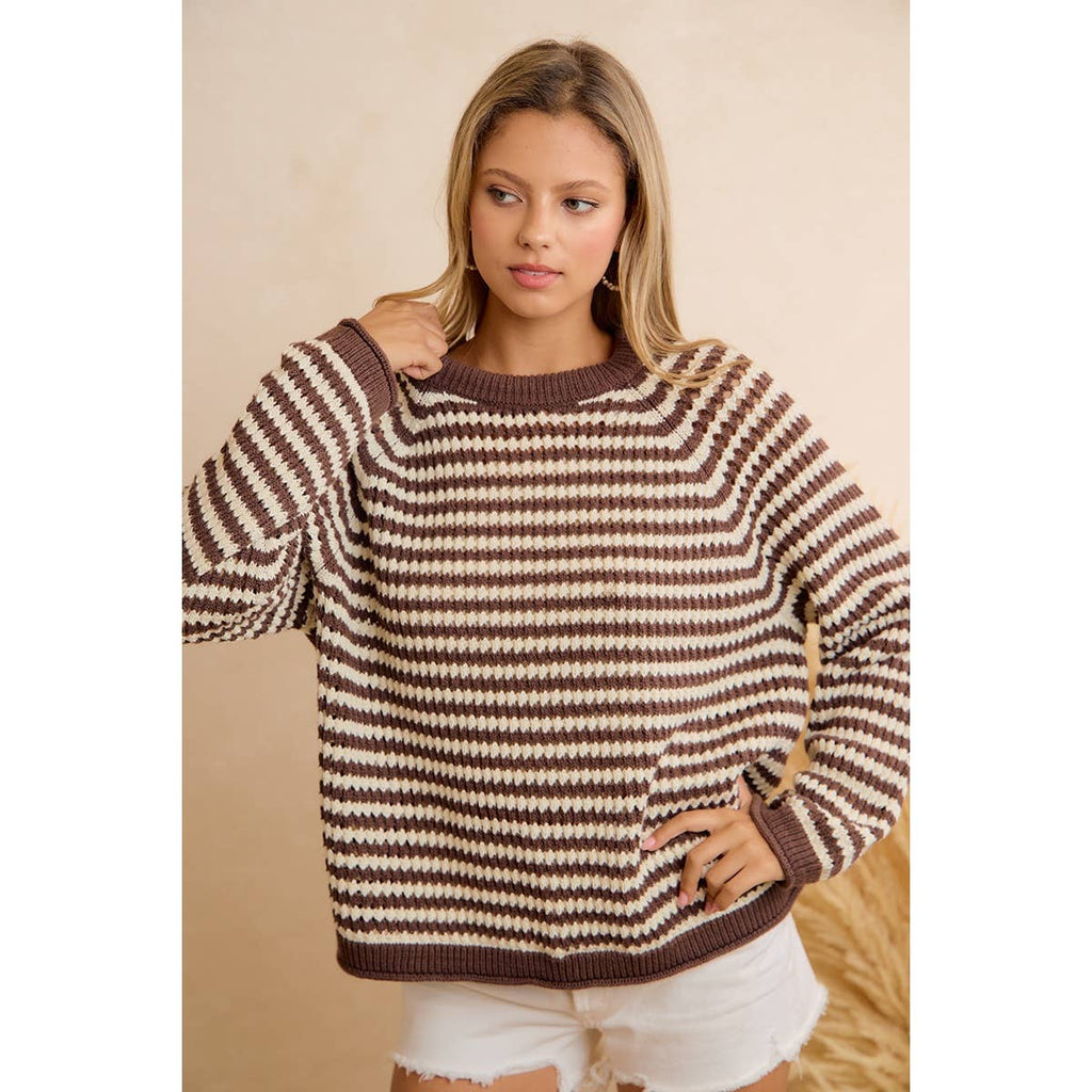 CLASSIC BROWN STRIPED RELAXED FIT KNIT PULLOVER SWEATER