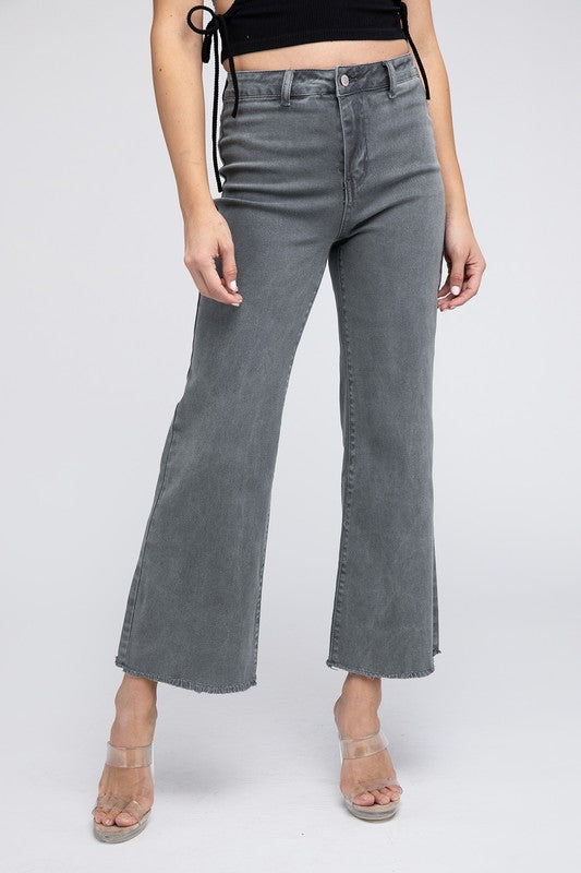 Acid Wash Frayed Cutoff Hem Straight Wide Pants Zenana