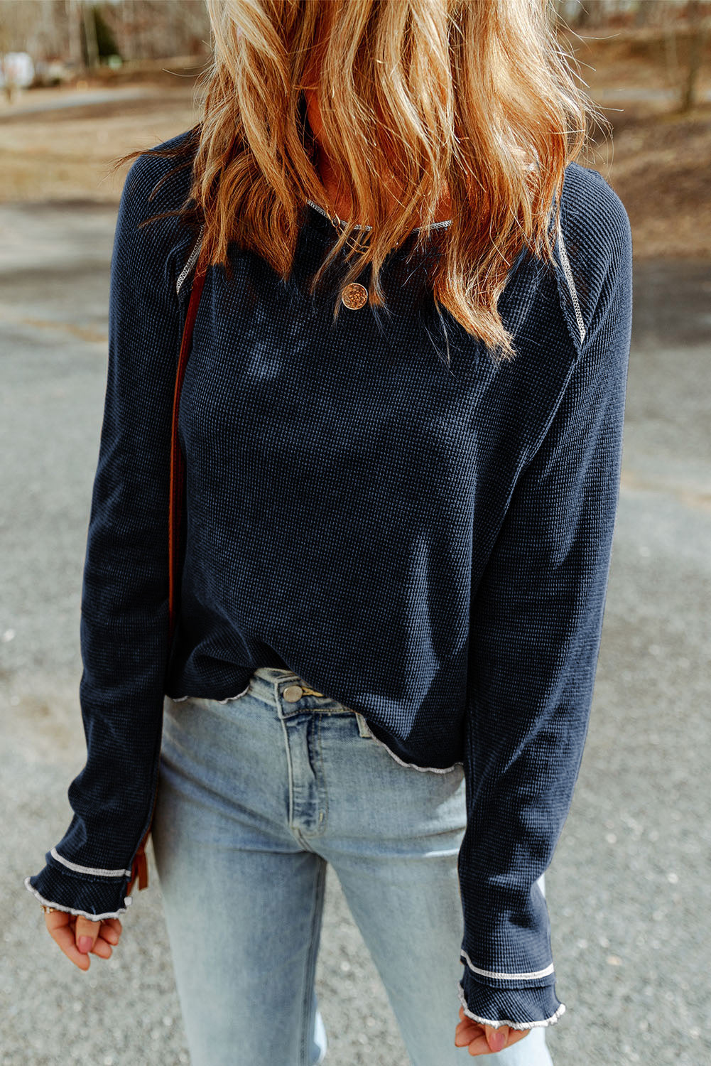 Blue Textured Round Neck Long Sleeve Top