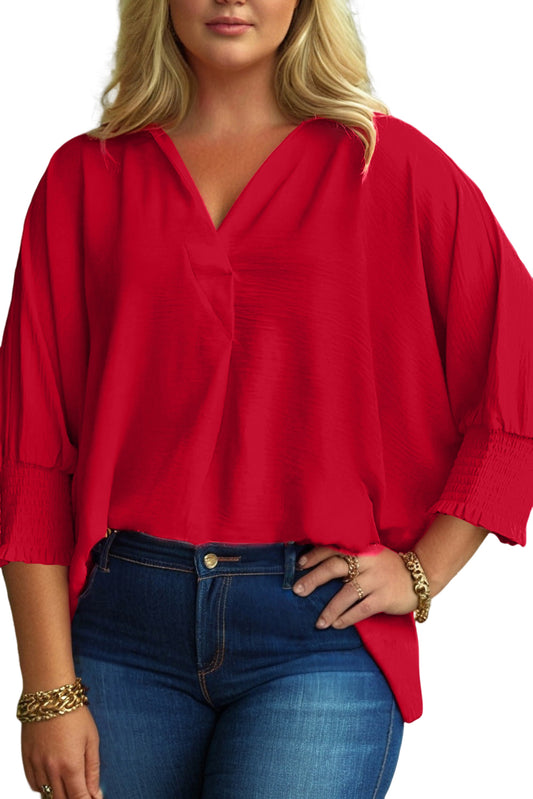 Fiery Red Plus Size Shirred Cuff Dolman Oversized Tunic Blouse