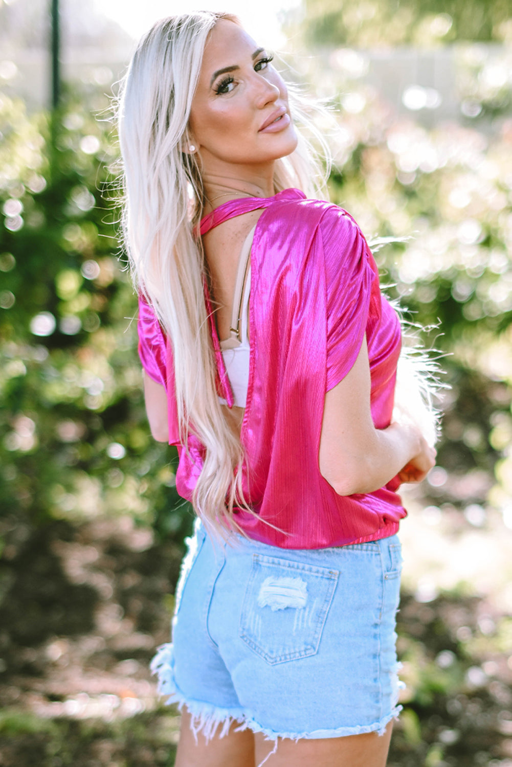 Bright Pink Ruched Sleeves Knotted Backless Blouse